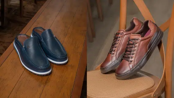 Imagem de calçados masculinos, mostrando um moxassim azul e um sapatênis marrom, ideais para diversas ocasiões, com design moderno e confortável.